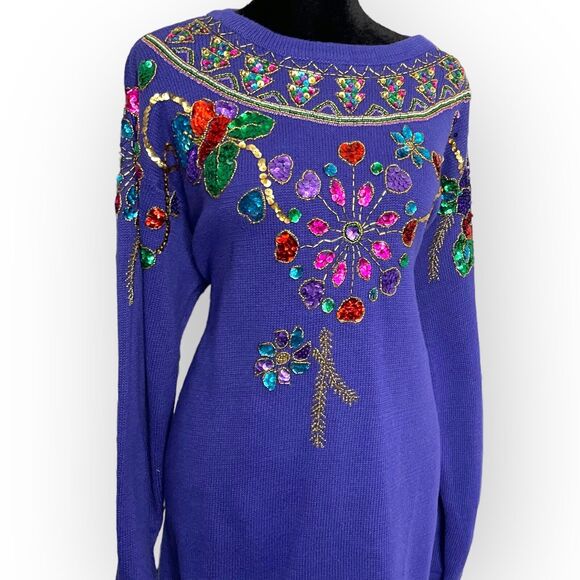 Vintage SML Sport LTD Tunic Sweater Women's Medium Purple Sequin Beaded Glam 80s - Picture 2 of 12